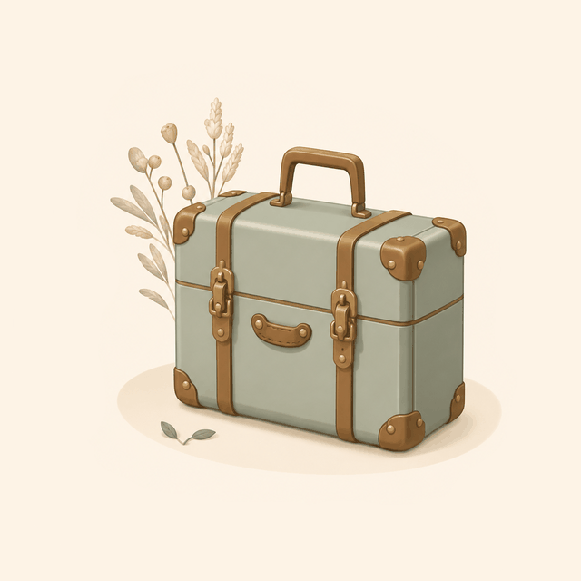 Illustration Deposa : une petite valise vert sauge posée près de quelques brins séchés.